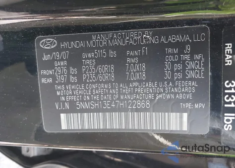 2007 Hyundai Santa Fe Limited/Se из США, поврежденный, VIN 5NMSH13E47H122868